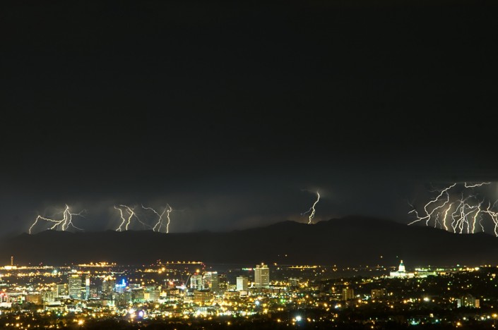 Long exposures of lightning captured over a half hour and composited together.