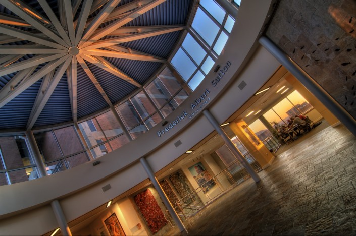 The lobby of the mining and geology building at sunset on the University of Utah.